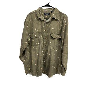 Roundtree & Yorke Outdoors Green Button Up Shirt Bird Print Sz L Cotton